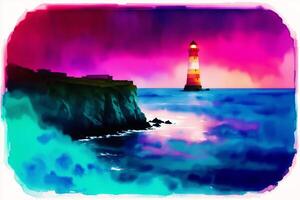 Lighthouse on the background of the sea. Digital painting.Watercolor paint. Digital art, photo