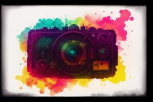 Digital camera with colorful watercolor splashes. Abstract colorful background. Watercolor paint. Digital art, photo