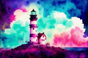 Lighthouse on the background of the sea. Digital painting.Watercolor paint. Digital art, photo