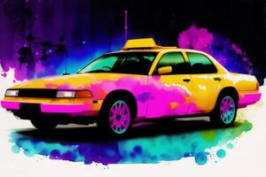 Vintage color taxi car on grunge background. Watercolor paint. Digital art, photo