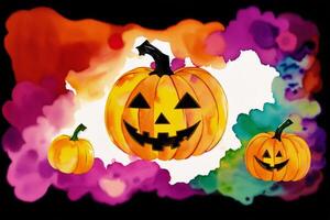 Halloween postcard. Halloween background with pumpkins and watercolor splash. Watercolor paint. Digital art, photo