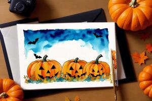 Halloween postcard. Halloween background with pumpkins and watercolor splash. Watercolor paint. Digital art, photo