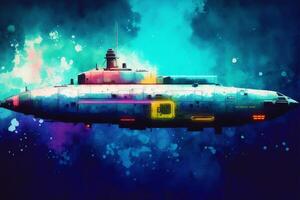 Futuristic submarine with colorful blots. Watercolor paint. Digital art, photo
