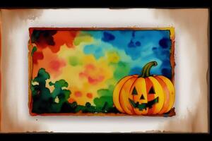 Halloween postcard. Halloween background with pumpkins and watercolor splash. Watercolor paint. Digital art, photo