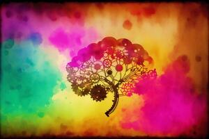 A watercolor painting of a tree with a rainbow on it. A colorful painting of a brain. Watercolor paint. Digital art, photo