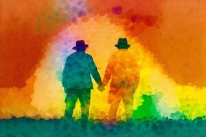 orgullo mes. un vistoso ilustración de dos hombres participación manos. gay Pareja gasto hora juntos. lgbtq. generativo ai foto