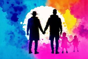 Pride Month. A colorful illustration of two men holding hands. Gay couple spending time together. Lgbtq. photo