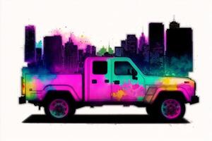 A colorful truck. A colorful painting of a truck with a rainbow. colored trailer. Watercolor paint. Digital art, photo