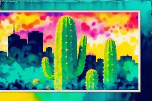 A colorful picture of a variety of cactuses. A colorful cactus painting. Watercolor paint. Digital art, photo