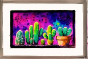 A colorful picture of a variety of cactuses. A colorful cactus painting. Watercolor paint. Digital art, photo