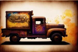 A colorful truck. A colorful painting of a truck with a rainbow. colored trailer. Watercolor paint. Digital art, photo
