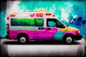 Vintage color ambulance car on grunge background. Watercolor paint. Digital art, photo