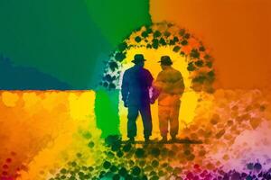 Pride Month. A colorful illustration of two men holding hands. Gay couple spending time together. Lgbtq. photo