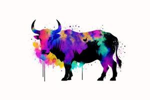 Illustration of a bull on abstract watercolor background. Watercolor paint. Digital art, photo