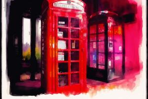 un ilustración de el rojo teléfono caja. acuarela pintar. Londres teléfono puesto. generativo ai foto