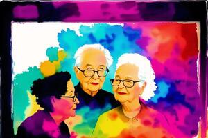 An illustration of old people. Watercolor paint. Happy family spending time together.Age Diversity. photo