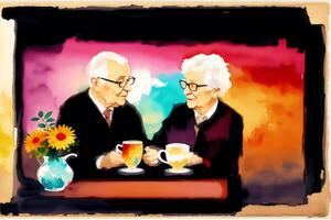 An illustration of old people. Watercolor paint. Happy family spending time together.Age Diversity. photo