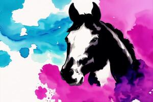 Illustration of a horse on abstract watercolor background. Watercolor paint. Digital art, photo