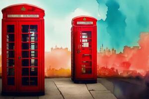 An illustration of the red telephone box. Watercolor paint. london phone booth. photo