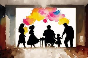 un ilustración de un familia. silueta. acuarela pintar. contento familia gasto hora juntos.edad diversidad. generativo ai foto