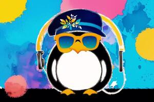Illustration of a penguin on abstract watercolor background. Watercolor paint. Digital art, photo