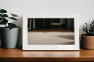 Photo frame on the wooden table. Blank wooden photo frame. Mock up.