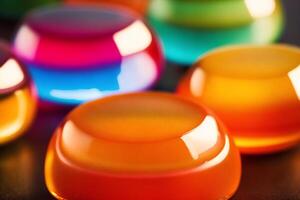 close up of Colorful jelly candies on a wooden background, sweet food. Colorful candies on a dark background. photo