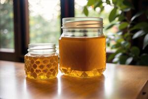 miel en un vaso tarro en un de madera antecedentes. selectivo enfocar. sano comida concepto. generativo ai foto