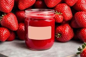 Strawberry jam in a glass jar with fresh strawberries, closeup. Healthy food concept. photo