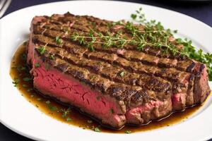 Sliced roast beef with sauce and herbs on a black plate. Beef Steak. Beef tenderloin with mushrooms and rosemary. photo