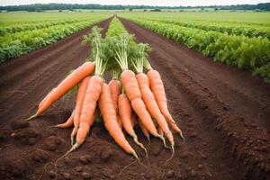 Bunch of fresh carrots with green leaves. Vegetarian food. Vegetarianism and healthy eating. healthy food concept. photo