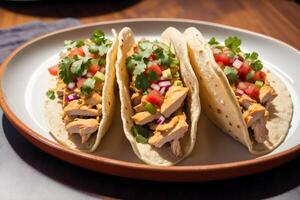 Mexican tacos with salmon, avocado, cilantro, onion and sauce. Mexican food. photo