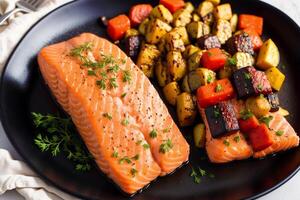 Grilled salmon with cream sauce and parsley on a white plate. salmon fillet with baked potatoes. photo
