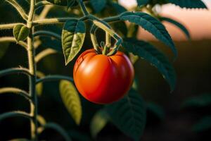 Ripe red tomatoes on the branches of a tomato plant in the garden. Close-up. Healthy food concept. photo