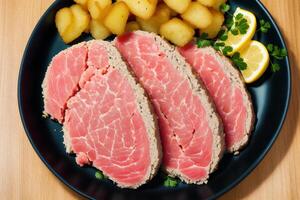 Grilled tuna fillet with grilled vegetables. grilled tuna steak. Hawaiian tuna poke bowl. photo