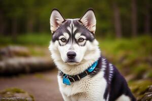 Portrait of a beautiful Alaskan husky dog in the park. Siberian Husky dog with blue eyes in winter forest. photo