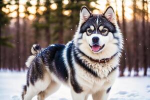 retrato de un hermosa Alaska fornido perro en el parque. siberiano fornido perro con azul ojos en invierno bosque. generativo ai foto