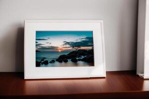 Photo frame on the wooden table. Blank wooden photo frame. Mock up.