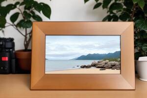 Photo frame on the wooden table. Blank wooden photo frame. Mock up.