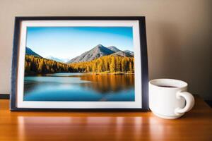 Photo frame on the wooden table. Blank wooden photo frame. Mock up.