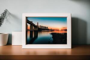 Photo frame on the wooden table. Blank wooden photo frame. Mock up.