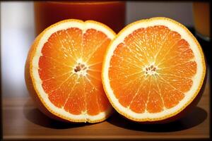 Freshly squeezed orange juice in a glass on wooden table, closeup. Healthy food concept. photo