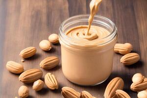 Peanut butter in a glass jar with peanuts on a wooden background. healthy food concept. photo