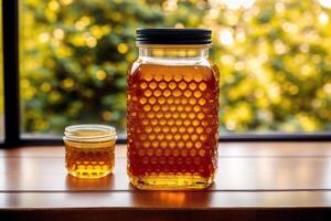 Honey in a glass jar on a wooden background. Selective focus. healthy food concept. photo