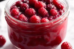 Raspberry jam in glass jars on a white background. Selective focus. photo