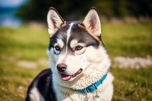 Portrait of a beautiful Alaskan husky dog in the park. Siberian Husky dog with blue eyes in winter forest. photo