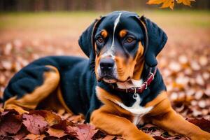 Portrait of a beautiful dog breed American English Coonhound in the park. photo