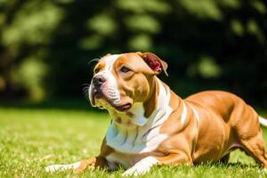 Portrait of a beautiful dog breed American Pit Bull Terrier in the park. American PitBull. photo