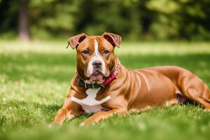 retrato de un hermosa perro raza americano pozo toro terrier en el parque. americano pitbull generativo ai foto