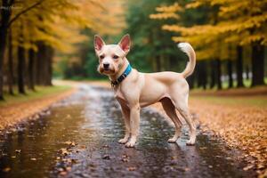 Portrait of a Cute puppy of the Yorkshire Terrier dog standing on the green grass in the park. photo